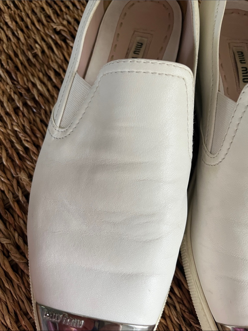 Women’s Miu Miu White/Cream Leather Slip-Ons with Silver Cap Toes - Picture 7 of 13